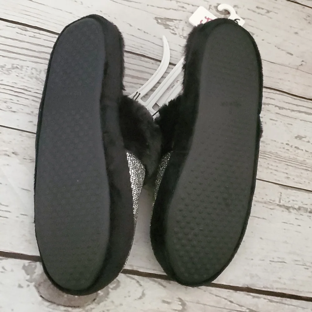 Justice girls slippers silver bling, pink logo, black faux fur size 6